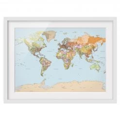 Bilderwelten Tableau déco mappemonde géopolitique II - Partiellement en pin massif - Blanc - 100 x 70 cm