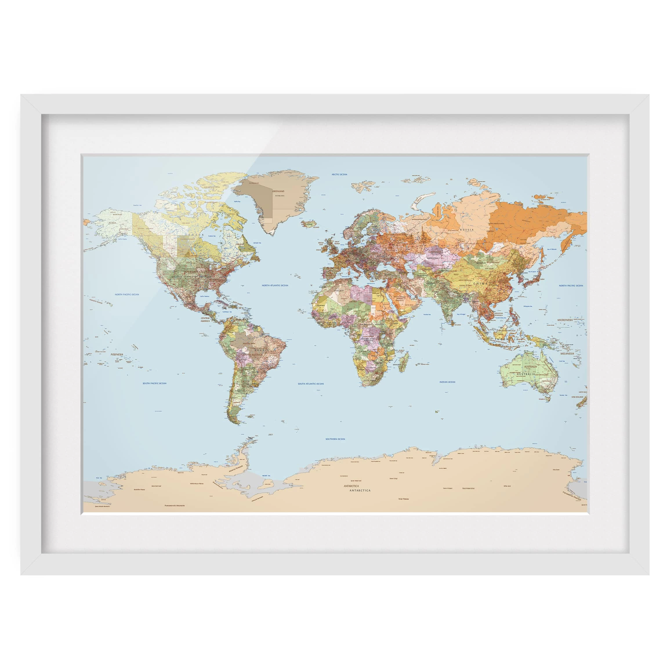 Bilderwelten Tableau déco mappemonde géopolitique II - Partiellement en pin massif - Blanc - 100 x 70 cm