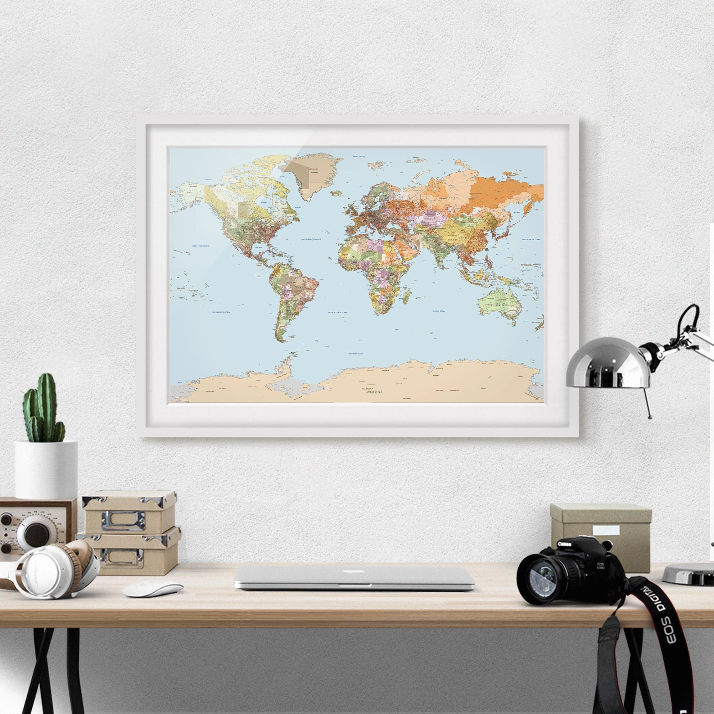 Bilderwelten Tableau déco mappemonde géopolitique II - Partiellement en pin massif - Blanc - 100 x 70 cm – Image 3