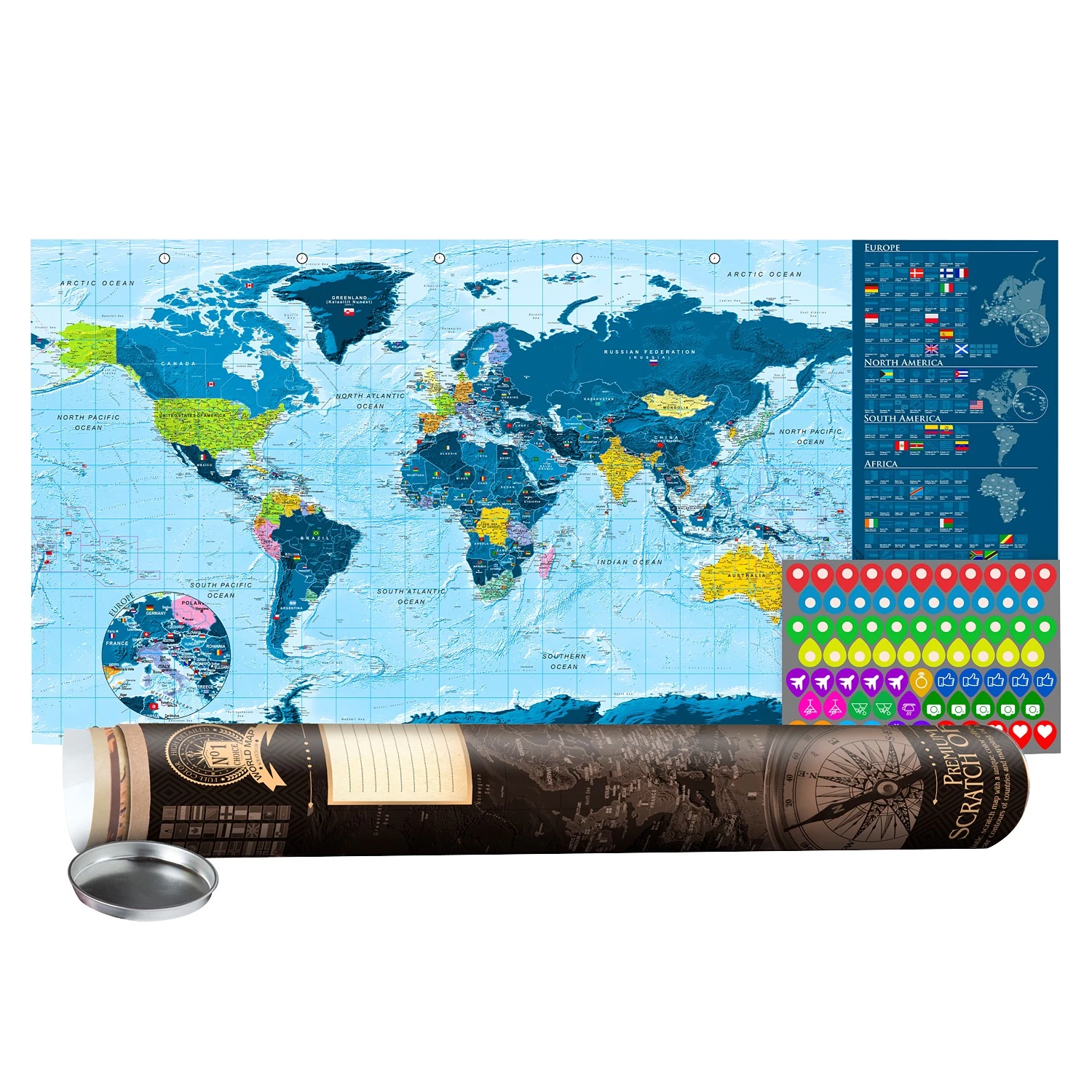 Artgeist Affiche Planisphère I - À gratter - Intissé premium - 100 x 50 cm - Bleu clair