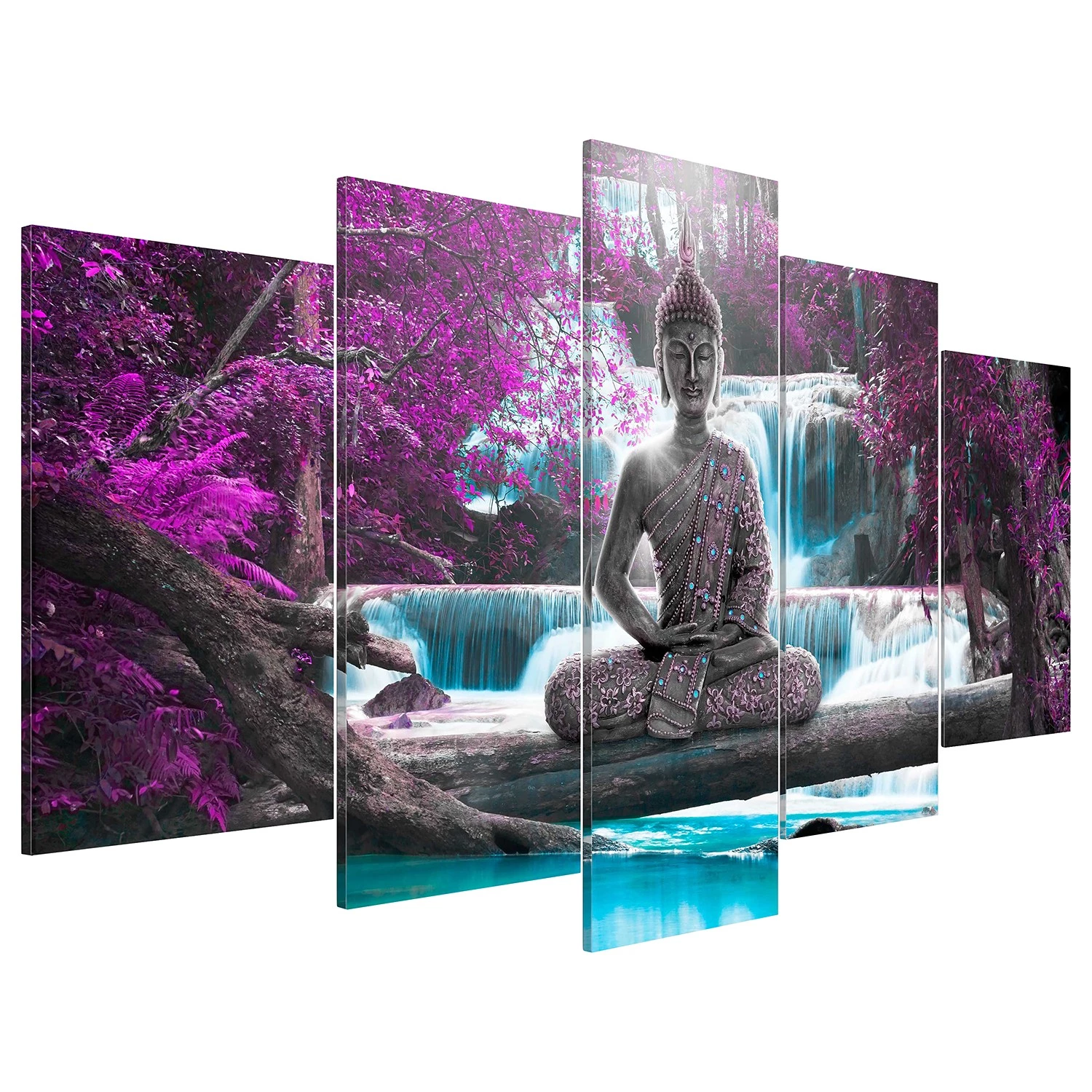 Artgeist Tableau déco Waterfall and Buddha - Toile - Marron - 200 x 100 cm