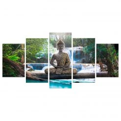 Artgeist Tableau déco Buddha and Waterfall - Toile - Marron - 100 x 50 cm