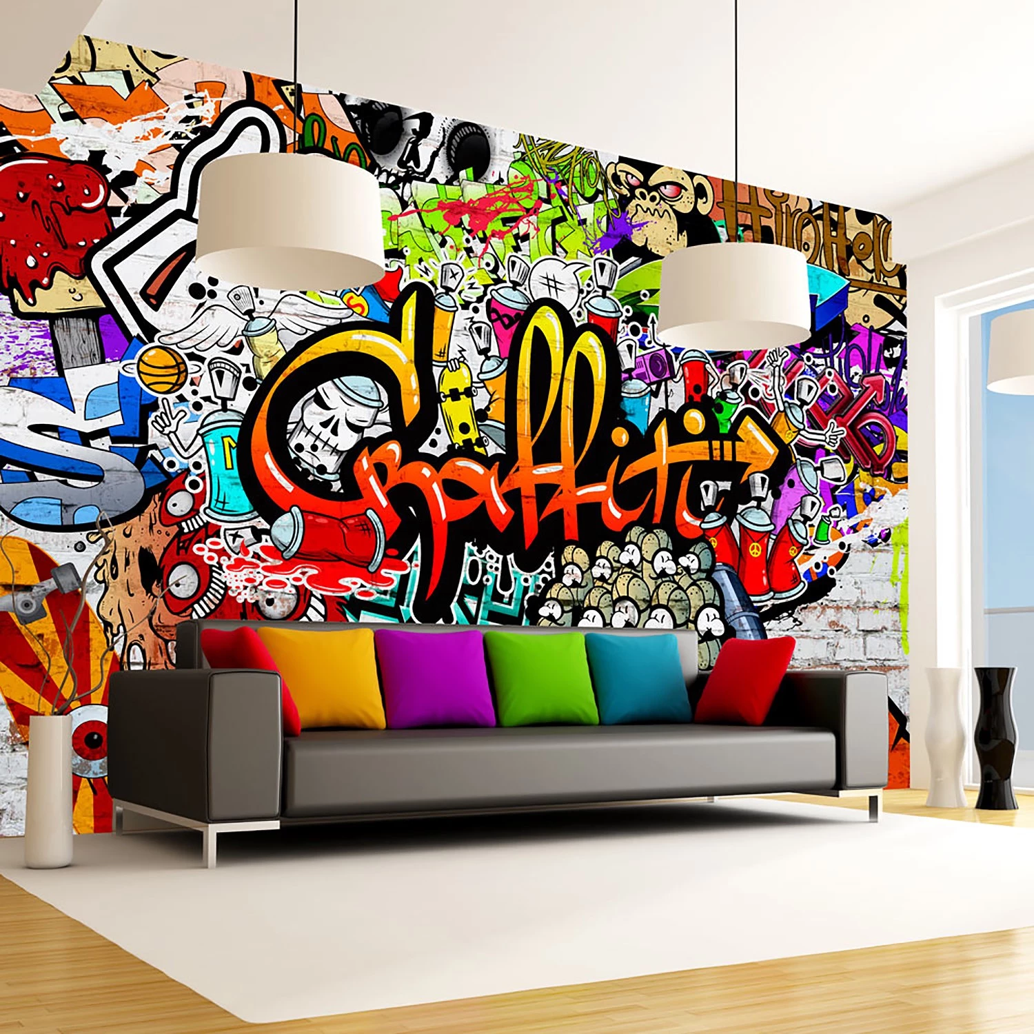 Artgeist Sur la terrasse Colorful Graffiti - Papier peint en intissé premium - Noir - 350 x 245 cm – Image 2
