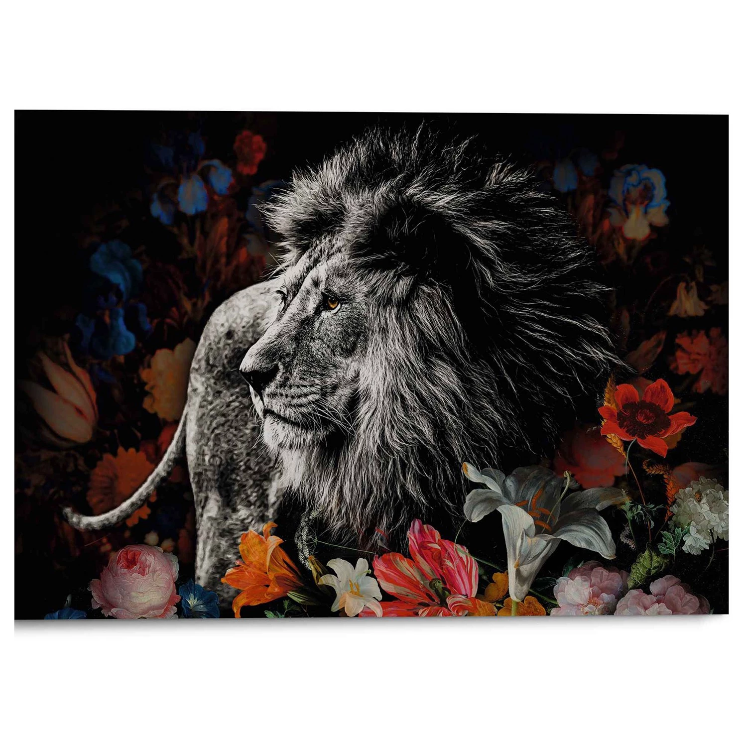 Reinders Tableau déco Lion et fleurs de Heem - Métal - Multicolore - 70 cm x 50 cm x 2 cm
