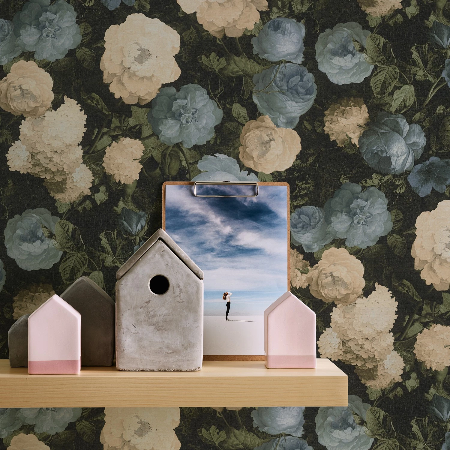 Papier peint en intissé Rose Vintage - Noir - 0,53 m x 10,05 m - Noir / Bleu – Image 3