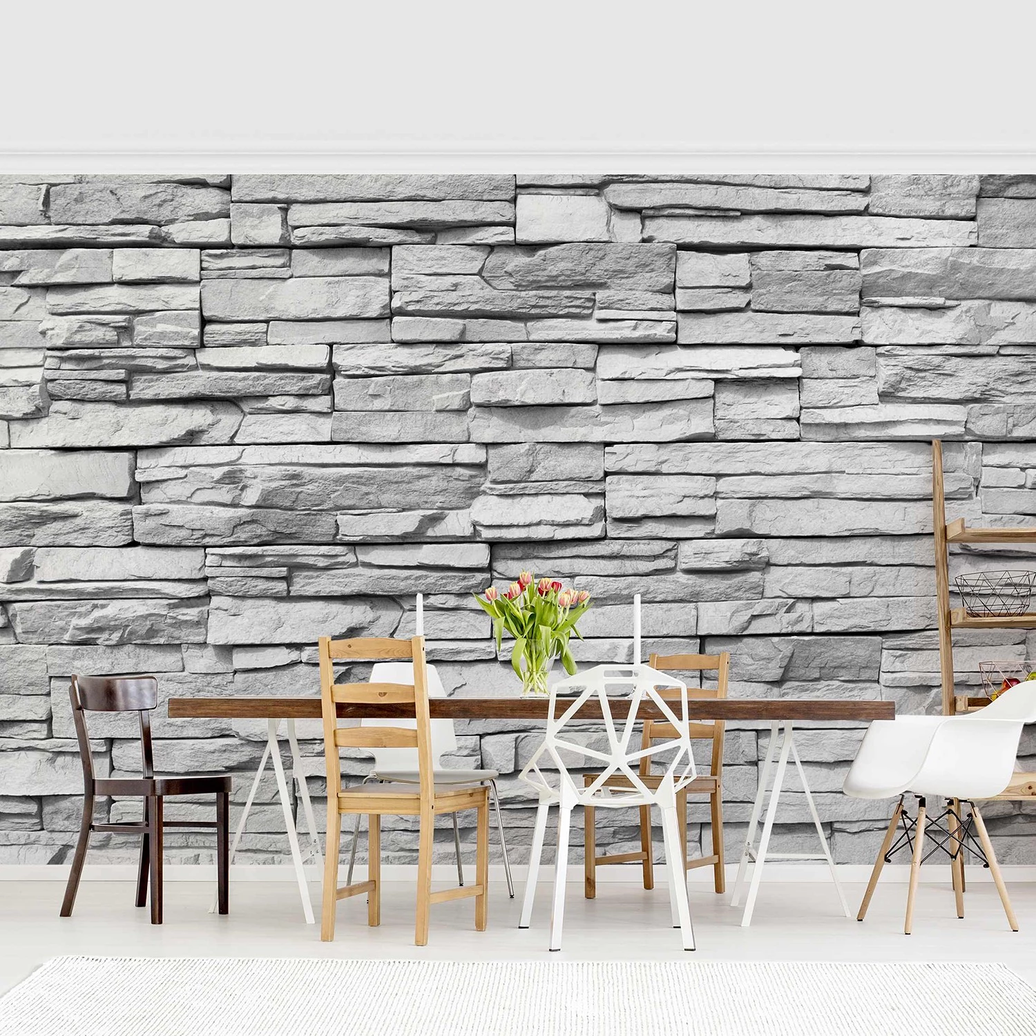 Bilderwelten Papier peint intissé Mur pierres plates - Papier peint - Noir / Blanc - 432 x 290 cm – Image 2