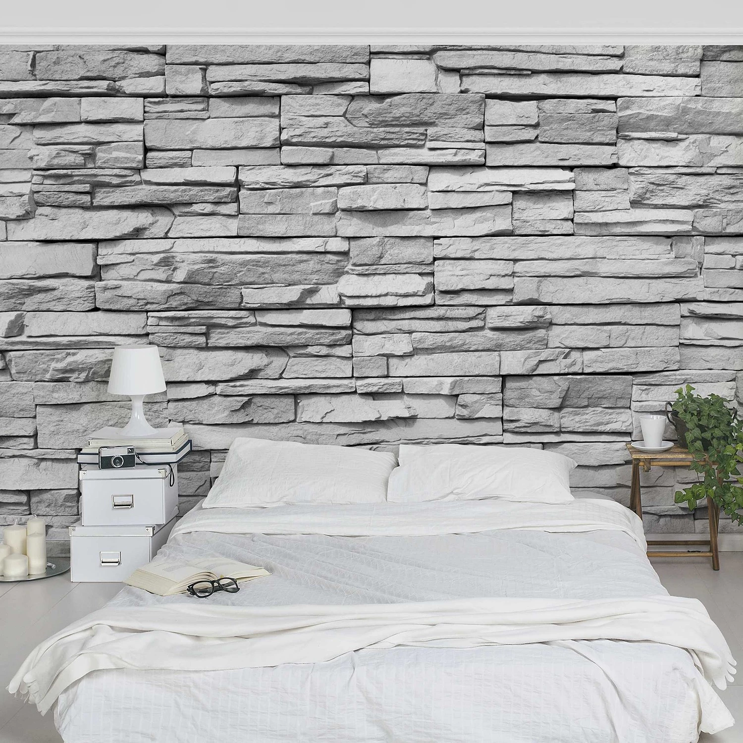 Bilderwelten Papier peint intissé Mur pierres plates - Papier peint - Noir / Blanc - 432 x 290 cm – Image 3