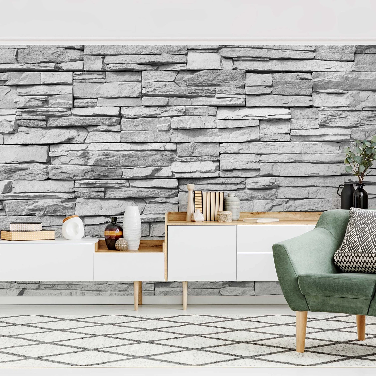 Bilderwelten Papier peint intissé Mur pierres plates - Papier peint - Noir / Blanc - 432 x 290 cm – Image 4