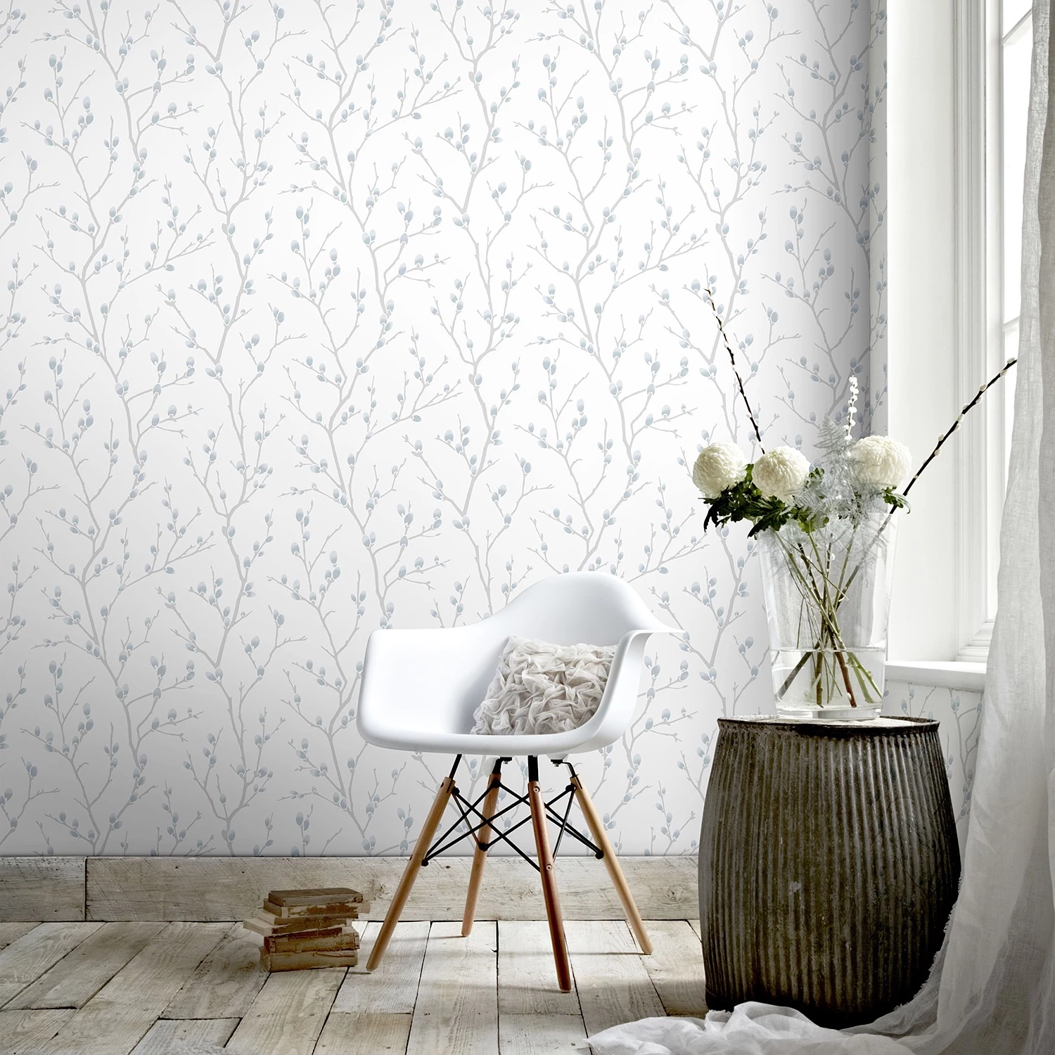 Papier peint intissé Branche - Blanc / Bleu – Image 2