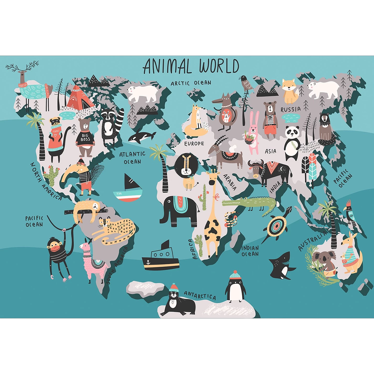 Artgeist Papier peint intissé Animal Map - Intissé - Multicolore - 400 x 280 cm