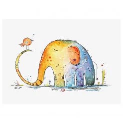 A.S. Création Impression sur toile Éléphant et oiseau - Polyester PVC / Épicéa - Bleu / Jaune