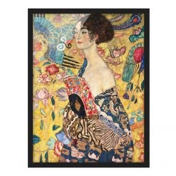 Bilderwelten Tableau déco Klimt Dame à l’éventail - Papier / Pin - Jaune - 70 x 100 cm