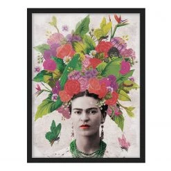 Bilderwelten Tableau déco Frida Kahlo Portrait fleuri - Papier / Pin - Rouge - 70 x 100 cm